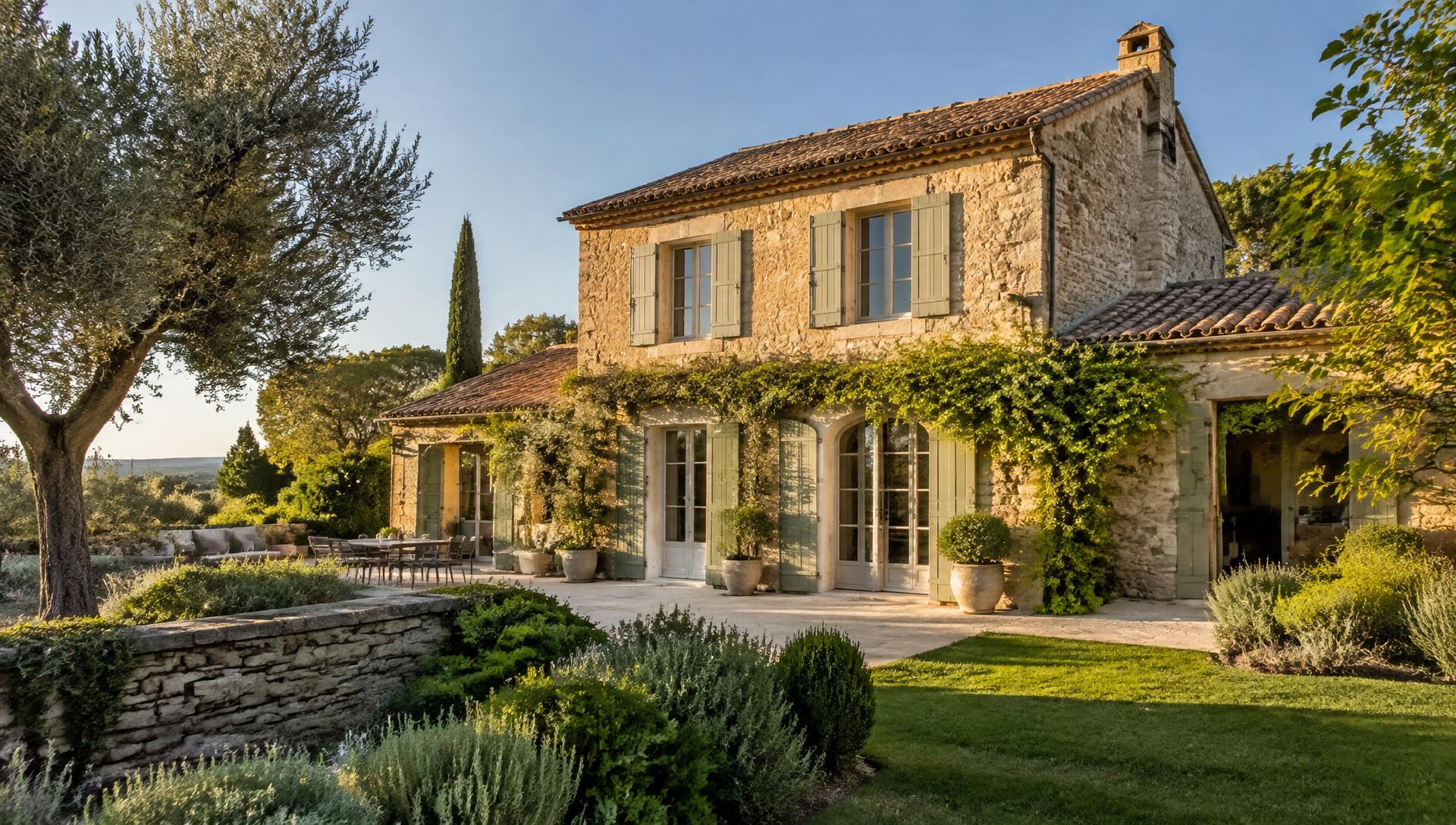 Maison en pierre avec toiture en tuiles canal et jardin arboré, en Occitanie